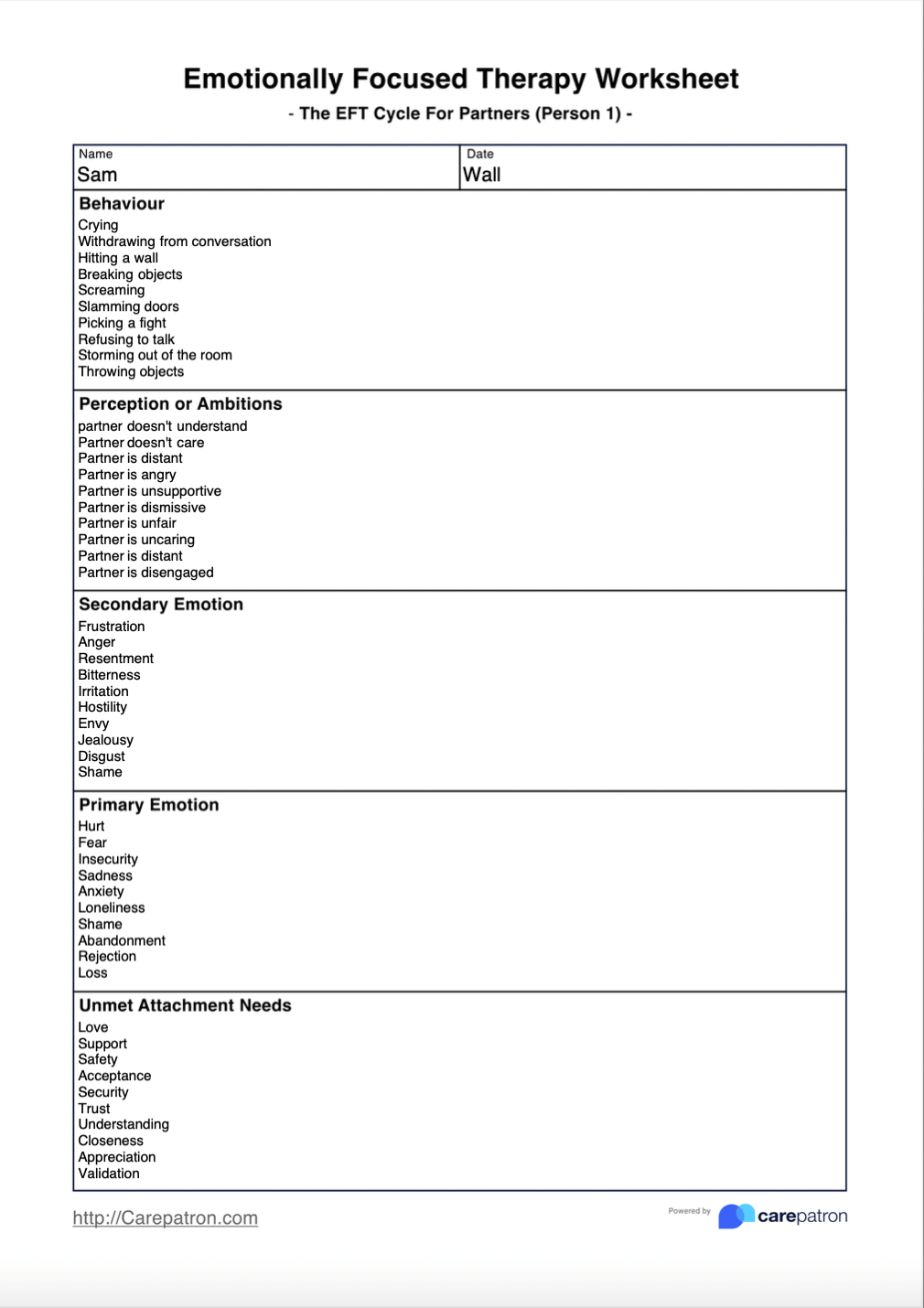 Emotionally Focused Therapy Worksheet Example Free PDF Download